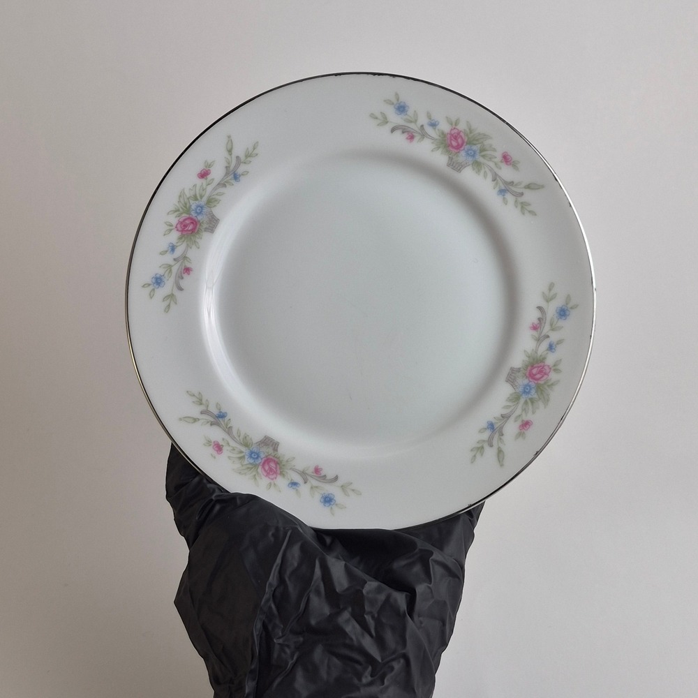 VINTAGE Florenteen Fine China Fantasia Plate Floral Pink Blue Silver Rim Japan - Picture 3 of 8